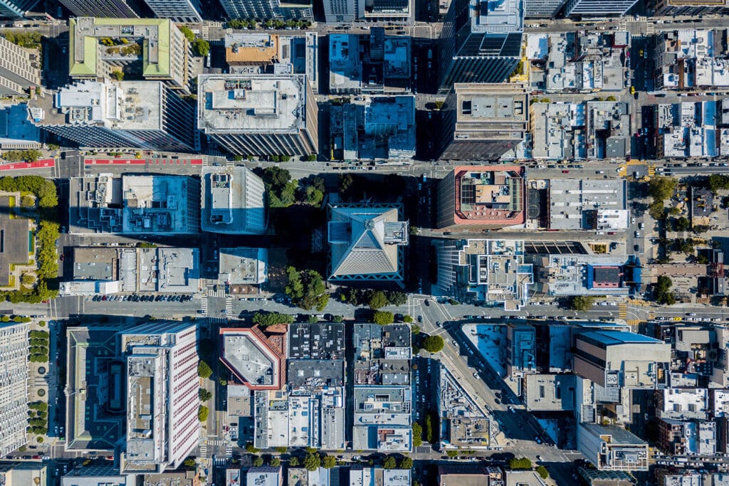Aerial view of high-rise buildings in city