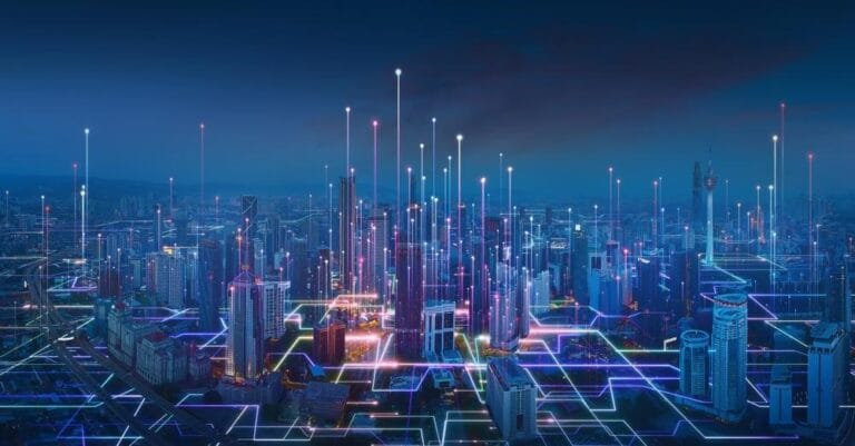 Colorful lines criss crossing city streets at night - IoT-Based Smart City Solutions