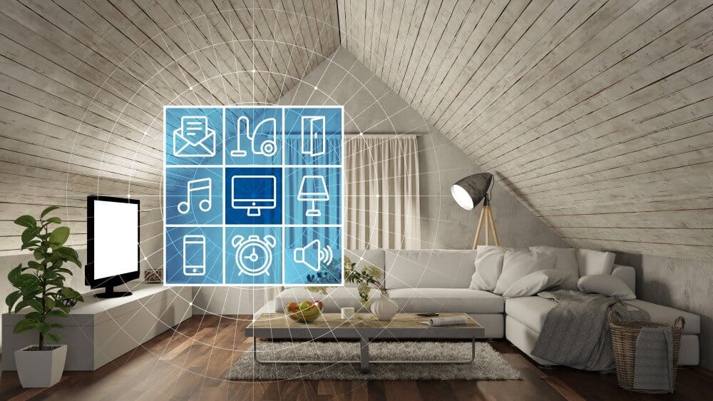 Smart home living room with graphic of managed devices