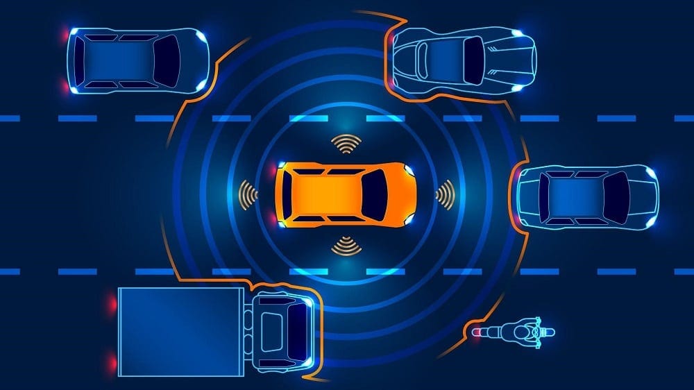 Illustration of autonomous vehicle with traffic sensors